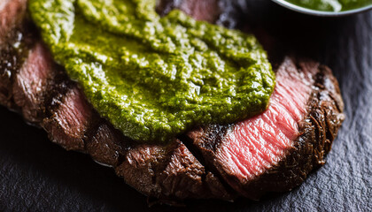Tasty grilled wagyu bavette steak with chimichurri sauce on dark table. Delicious food for dinner.