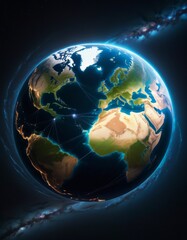 Highly detailed image of Earth illuminated by city lights with visible digital network connections overlaying continents, ideal for themes of globalization and technology.