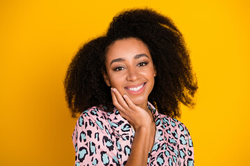 Photo portrait of attractive young woman touch soft skin cheek dressed stylish leopard print clothes isolated on yellow color background