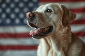 Happy dog celebrating Independence Day in USA. Labrador on front view and US flag on background. 4th of July Patriotic holiday concept. Photo realistic picture