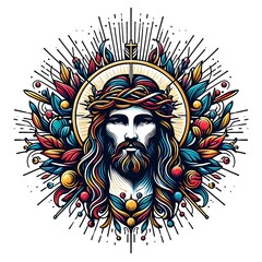 A colorful drawing of a jesus christ with a crown of thorns has illustrative attractives.