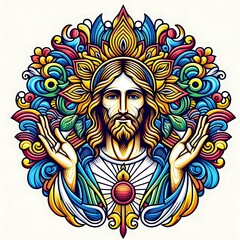 A colorful drawing of a jesus christ with his hands up has illustrative pretty attractive.