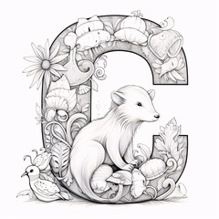 Animal alphabet. Letter C for coloring book. Vector Illustration.