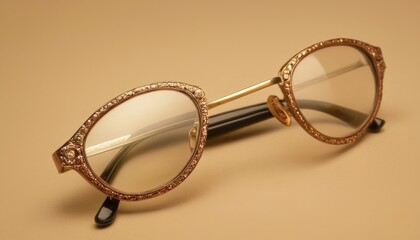 Luxurious vintage eyeglasses with ornate golden frames resting on a beige surface, highlighting elegance and sophisticated style.