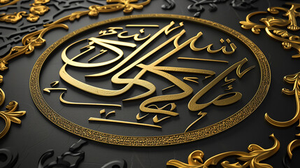 Classic Black and Gold Arabic Calligraphy A timeless 3D realistic depiction of Arabic calligraphy in gold on a black background with intricate patterns.