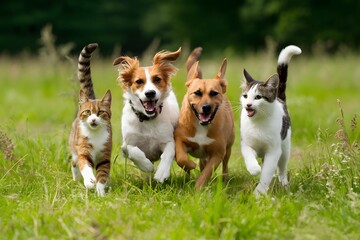 Four lively cats and dogs play together in a colorful meadow