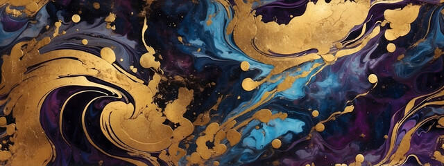 Abstract galaxy luxury marble background. Modern digital painting. Gold,blue,black and purple colors. Gold abstract black marble background art paint pattern ink texture watercolor white fluid wall.