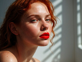 Radiant Beauty. Close-Up of Natural Lips and Freckled Glow in Soft Natural Light.


