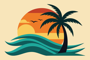 Fototapeta na wymiar Palm tree with wave and sunset vector design