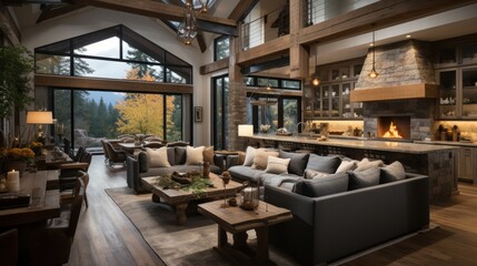 Luxury Open Concept Great Room With Fireplace and Forest View