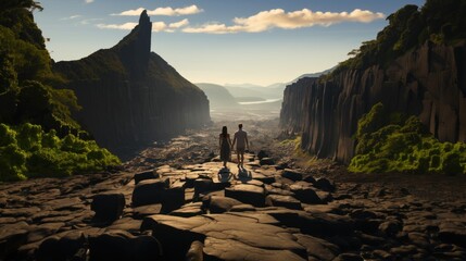 Loving Couple of Tourists Holding Hands, Exploring Majestic Mountain Landscape at Sunset