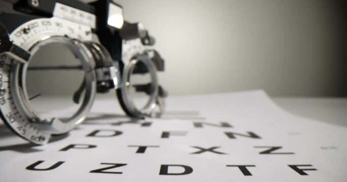 Modern ophthalmology goggles lying on Snellen chart with letters in clinic office. Professional medical equipment for eyesight checkup of patients