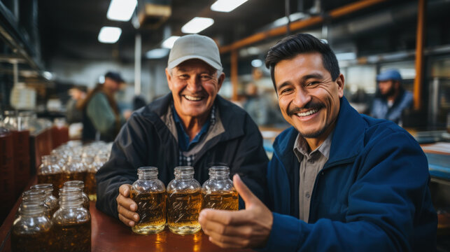 Happy Distillery Workers Bottling Mezcal in Traditional Distillery Setting - Powered by Adobe