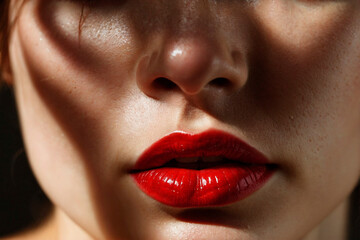 Fototapeta premium Radiant Beauty. Close-Up of Natural Lips and Freckled Glow in Soft Natural Light.