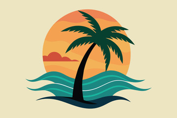 Palm tree with wave and sunset vector design