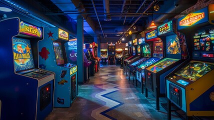 A vibrant retro arcade filled with pinball machines and various arcade games, brightly lit under neon lights at night.