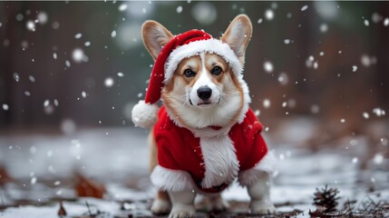 Adorable chubby corgi pup dressed as Santa Claus, its chubby frame spreading holiday cheer wherever it goes