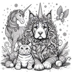 A drawing of a dog unicorn and a cat image card design color lively.