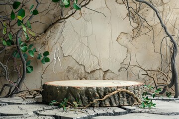 A blank podium showcase on a cracked earth background with a tree stump The stumps branches spell CO2
