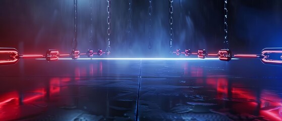 A blank podium showcase on a dark reflective surface with intersecting chains