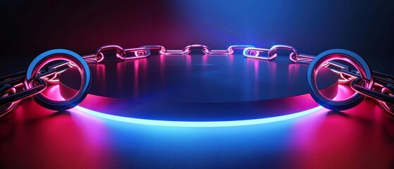 A blank podium showcase on a dark reflective surface with intersecting chains