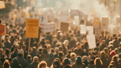 A chaotic protest march with a large crowd of people holding various signs and flags, A chaotic protest march with banners and signs waving above the crowd