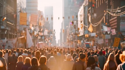 A chaotic protest march as a crowd of people walk down a street holding signs, A chaotic protest march with banners and signs waving above the crowd