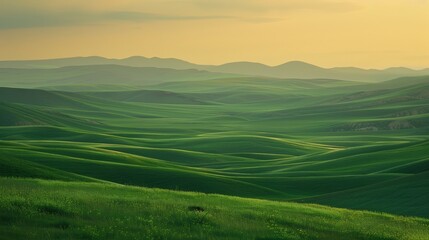 Fototapeta premium The surrounding landscape is tinged green as the sun sets in a blaze of color.