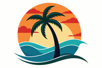 Fototapeta na wymiar Palm tree with wave and sunset vector design