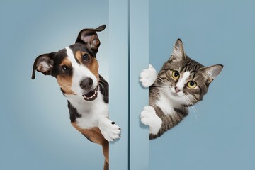 Adorable dog and cat playfully peering from opposite sides, exuding curiosity and playfulness