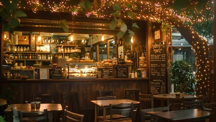 A cozy restaurant setting with tables and chairs adorned with twinkling lights, A charming cafe with twinkling lights and a menu filled with sweet treats