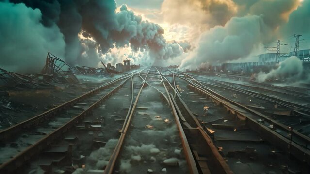 Twisted metal and smoke billow from a train track in a chaotic scene, A chaotic scene of twisted metal and smoke on the railway tracks