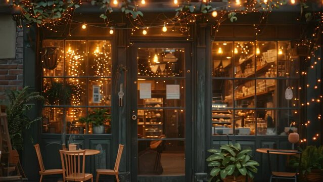 A building decorated with numerous lights hanging from its windows, creating a charming and festive atmosphere, A charming cafe with twinkling lights and a menu filled with sweet treats