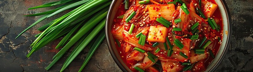 A vibrant, side-lit shot emphasizing the rich reds and greens of traditional and green onion kimchi, set against a simple backdrop, extensive panoramic space above for copy.