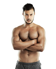 Fototapeta premium Studio, athlete and portrait of man, serious and muscle from exercise, workout and gym for fitness. White background, body builder and person in mockup, training and abs with results for wellness
