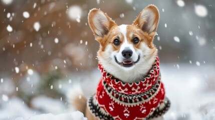 Adorable chubby corgi pup wearing a holiday sweater, its chubby body snug and warm against the winter chill. 