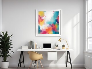  This is a mockup of an office with a blank white frame, presenting a colourful, contemporary mixed-media artwork design. 