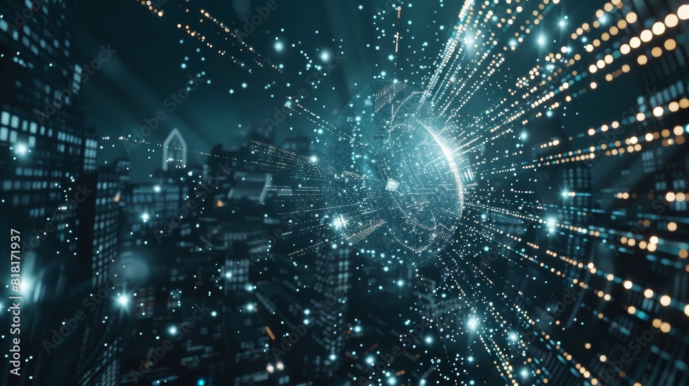 Poster a swarm of glowing data points forming a vortex in the center of a futuristic metaverse city.