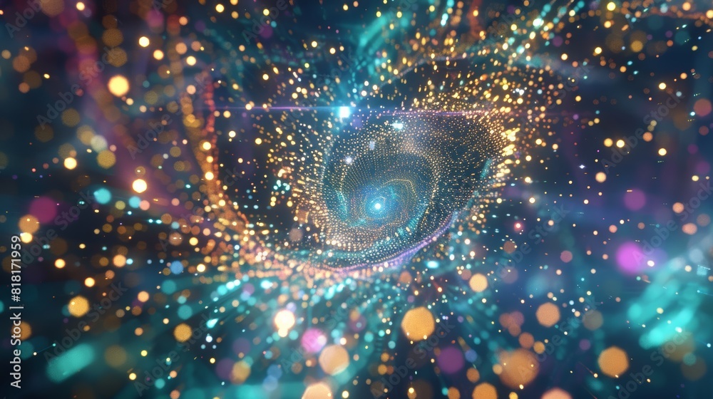 Poster A swarm of glowing data points forming a vortex in the center of a futuristic metaverse city.