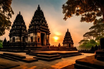 Sunset view of Prambanan Temple, one of the largest Hindu temples in Java Indonesia. 4K, UHD.
