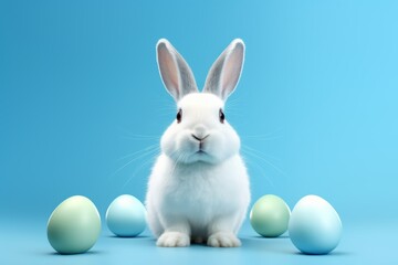 Obraz premium Easter white bunny with eggs on blue background illustration. Generative AI