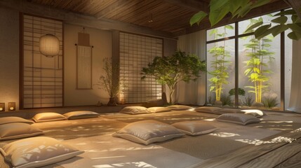 A serene Zen meditation room bathed in morning sunlight, adorned with cushions, bamboo plants, and...