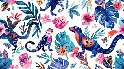 Colorful lizards among vibrant tropical florals and foliage