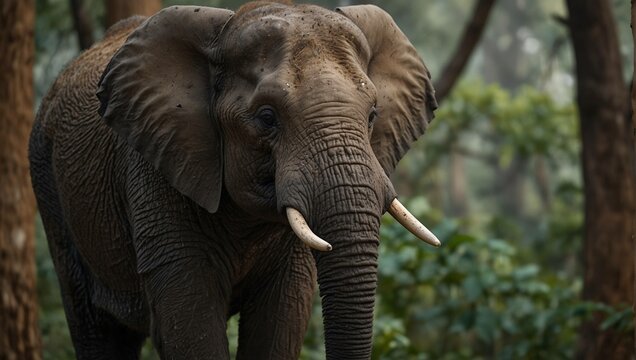 A large, gray elephant stands in a forest.