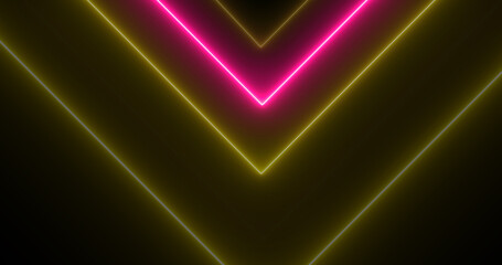 Neon arrows moving downwards illuminated neon light glowy background. Physics symmetry engineering technology cyber stage forward moving navigation arrows motion loop. Perspective matrix laser 3d.