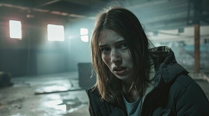 A terrified young woman hiding from zombies in an abandoned warehouse, low light and suspenseful