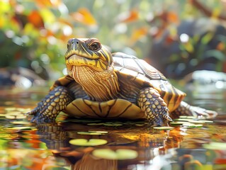 Naklejka premium Design a CG 3D rendering of a terrapin soaking up the sun on a vibrant riverbank Emphasize the terrapins cute features and the lively setting with dynamic angles and rich