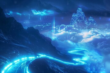 A mountain landscape with a cyberpunk twist The winding road is now a glowing neon blue