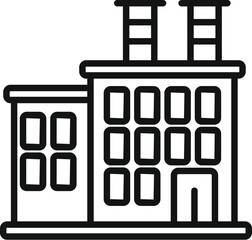 Minimalist industrial factory icon with clean lines, scalable vector art, and stylized smokestacks in black and white. Perfect for manufacturing, engineering, and environmental issues