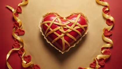 Artistic Valentine's Day dessert featuring a heart-shaped cake adorned with red glaze and golden ribbons on a beige background.
